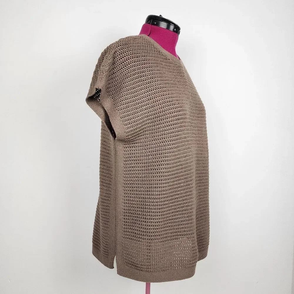 J.Jill Open-Knit Short Sleeve Cotton Blend Top Sweater Taupe Size M - Picture 5 of 12